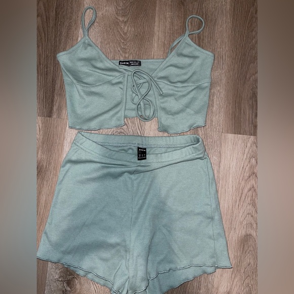 Blue / Green Tie Front Lounge / Pajama Set - Picture 1 of 5